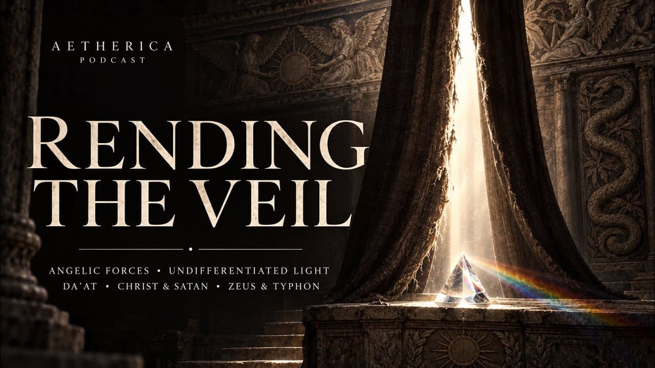 Episode title card: white light through a torn curtain onto a crystal prism casting a rainbow, angel reliefs above