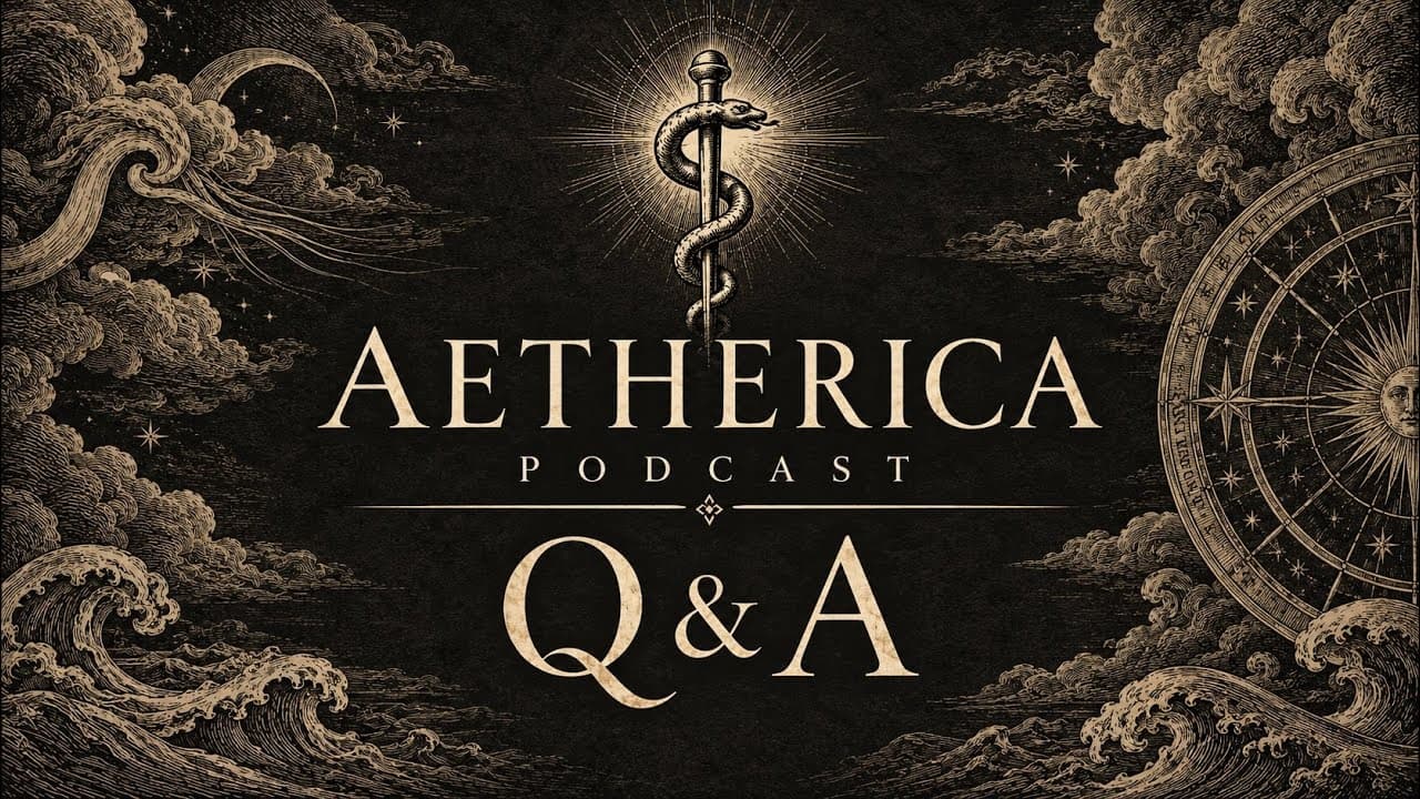 Q&A title card: a staff entwined by a serpent in a burst of light, between engraved clouds and waves, a crescent moon and a star dial