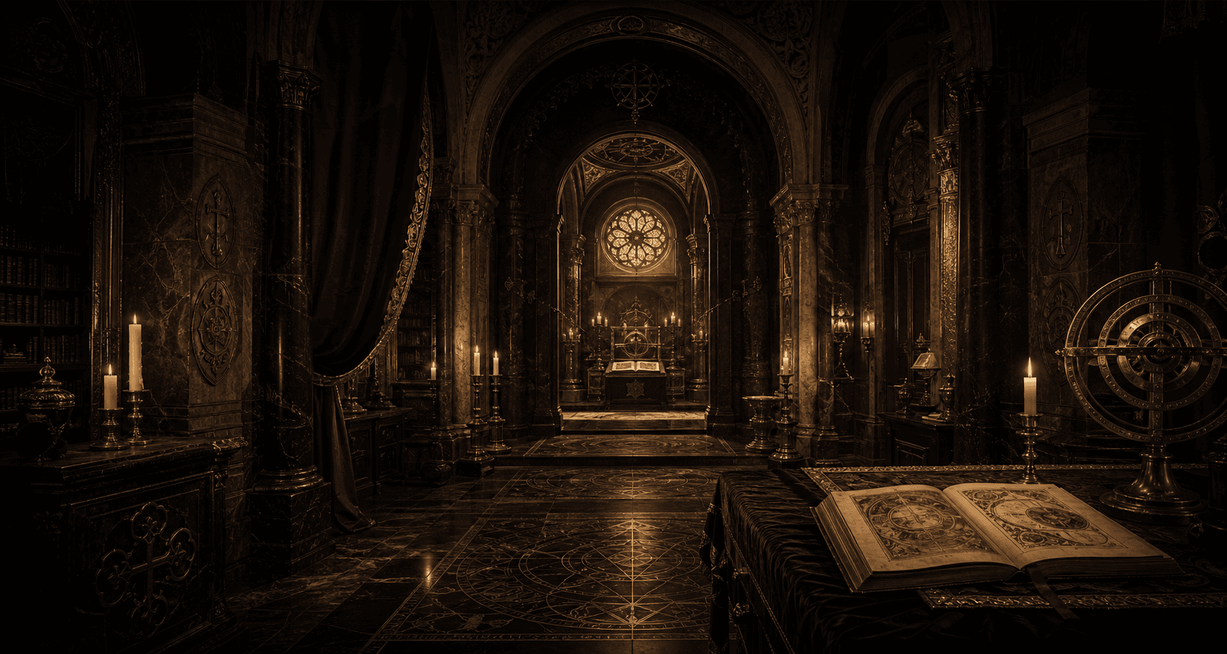 Ancient stone archive with arches, manuscript light, and Rosicrucian architectural details