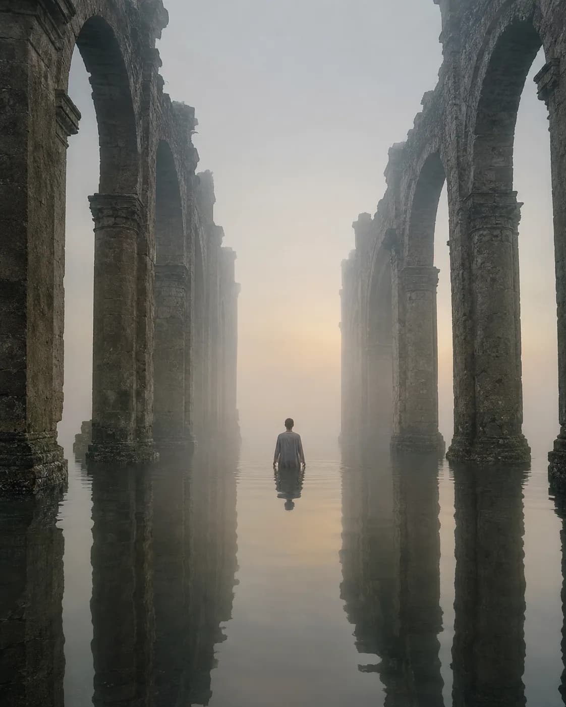 A figure stands waist-deep in still water between two long arcades of round arches on heavy piers, roofless and reflected in the flood, walking toward a pale light in the mist
