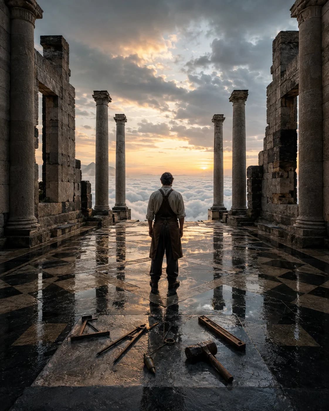 A mason in shirtsleeves and a leather apron stands with his back to us on a wet chequered pavement between ruined columns, looking out over a sea of cloud toward the rising sun; a square, compasses, a level, a plumb and a maul lie at his feet