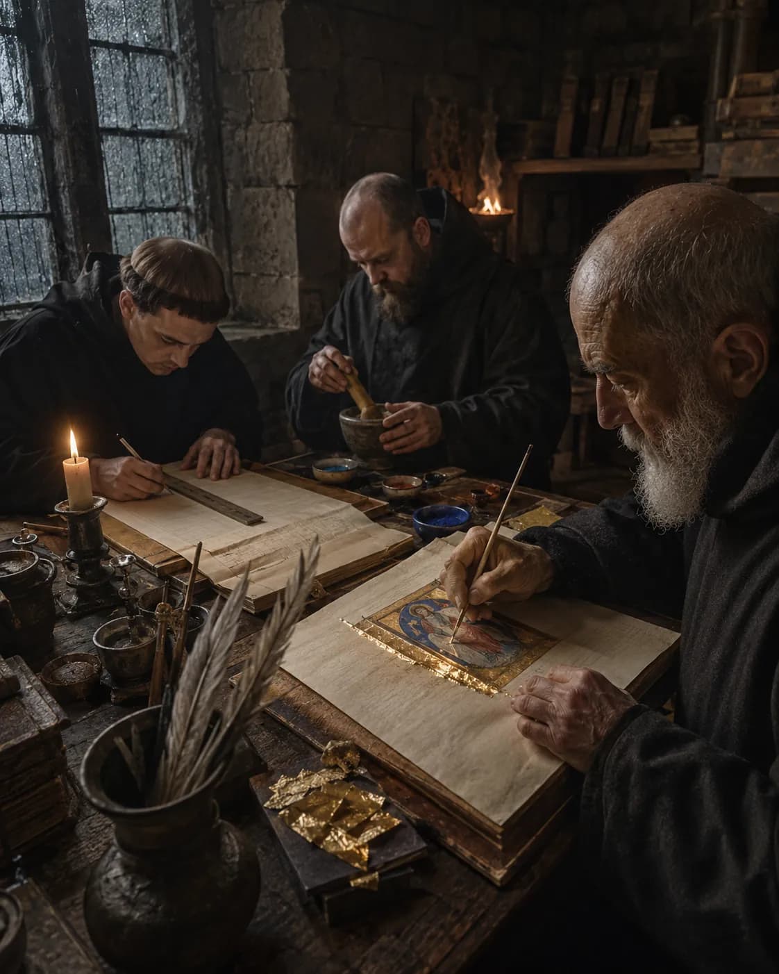 Three monks at a table in a stone scriptorium: a young monk ruling a page by candlelight, a second grinding pigment in a mortar, and an old monk laying gold leaf on a painted miniature in an open book