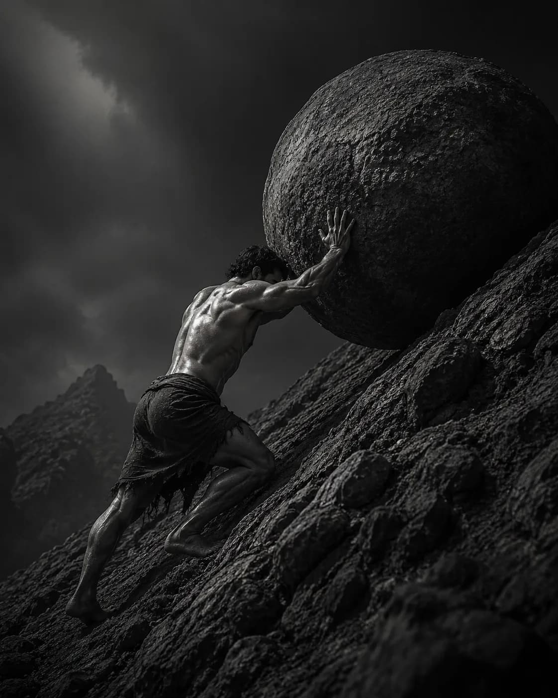 A man in a ragged loincloth braced against a huge round boulder, one hand flat on the stone, driving it up a steep slope of dark, broken rock beneath a storm-dark sky