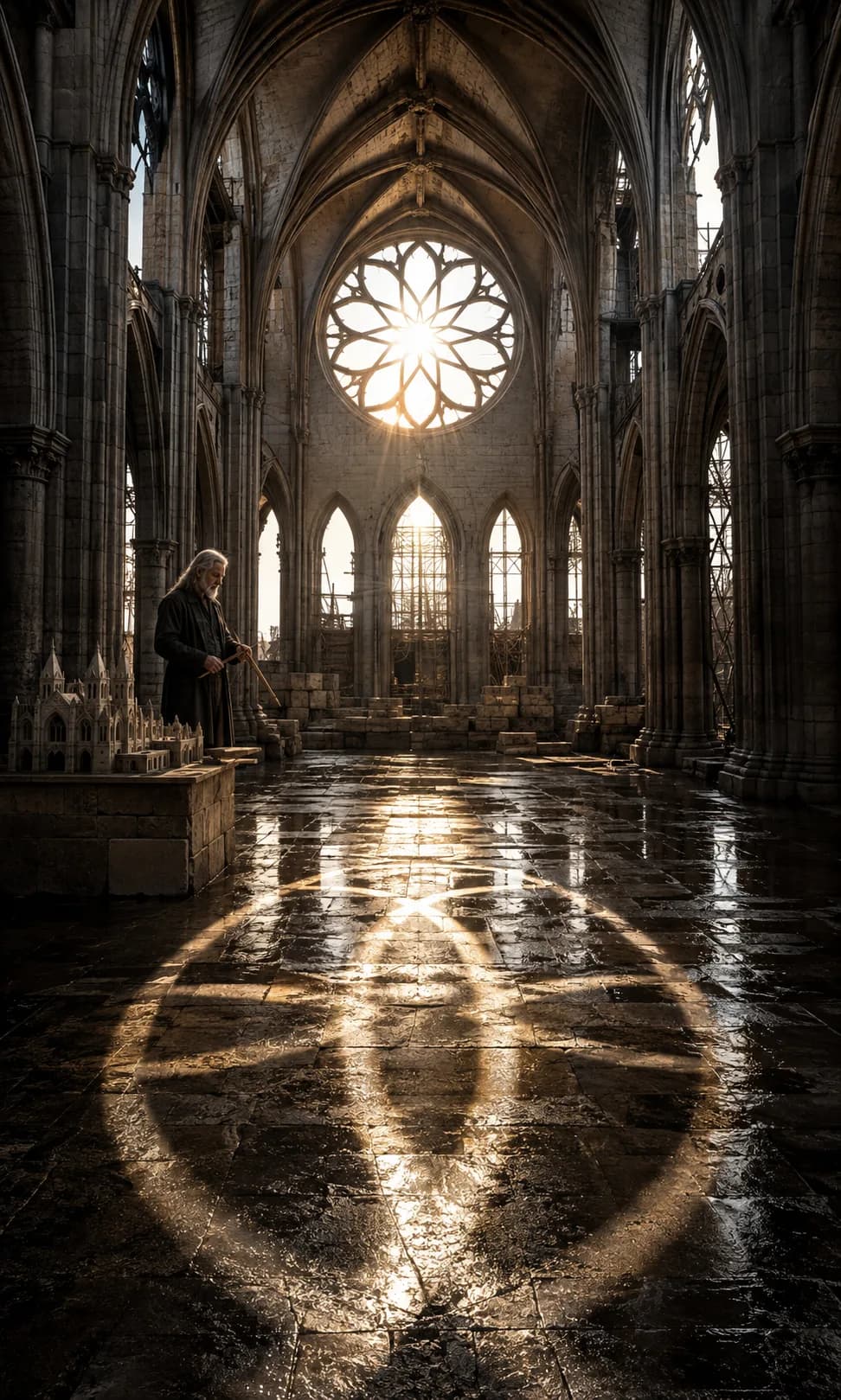 Low sun through a Gothic rose window throws its tracery in light across a wet stone floor; an old architect stands at a scale model of a cathedral in the aisle, scaffolding still in the tall windows beyond